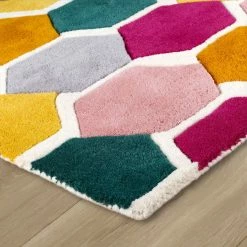 Xrug Multicoloured Geometric Rug 100% Wool Hand Tufted Natural Rugs With Contour Cut Pattern Heavy Thick Area Mat Living Room Bedroom Modern