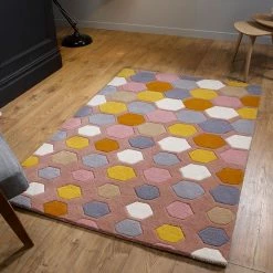 Xrug Mulitcoloured Rug 100% Wool Hand Tufted Carpet Pink Grey Geometric Hand Carved Pattern Heavy Thick Living Room Bedroom Area Mat