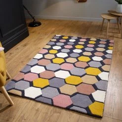 Xrug Wool Rug Diamond Heavy Thick Hand Tufdted Rugs With Grey Pink Yellow Multicoloured Contour Cut Pattern Natural Carpet Area Mat Modern