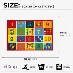 Xrug Kids Rug Educational NON SLIP MACHINE WASHABLE Numbers Nursery Play Mat For Bedroom Playroom 80x120cm