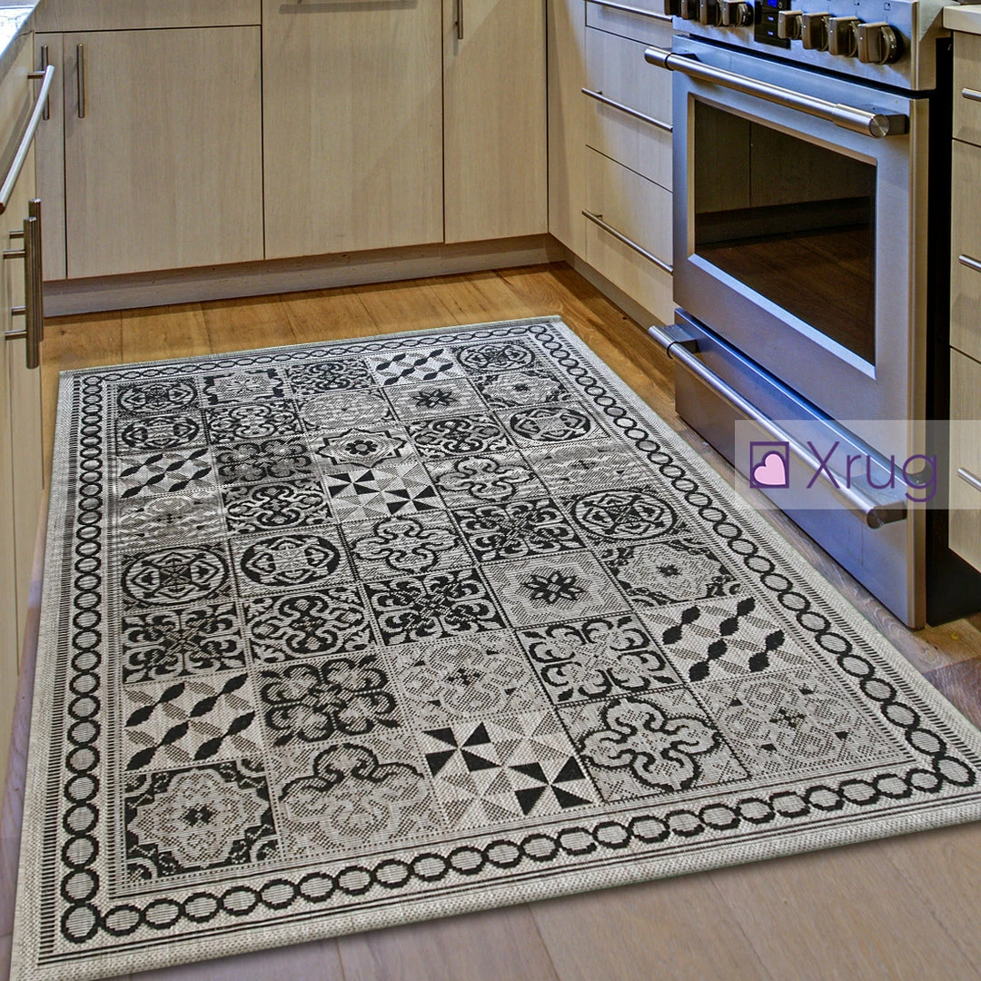 Xrugs Flat Woven Rugs Grey Black Kitchen Carpet Trellis Pattern Hard Wearing Floor Mat