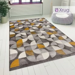 Xrugs Modern Grey Yellow Rug Geometric Patterned Living Room Bedroom Carpet Runner Mat