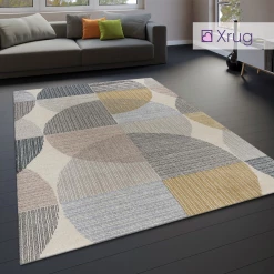 Xrugs Cream Geometric Rug Grey Yellow Modern Colourful Abstract Pattern Large Runner