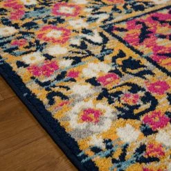 Xrugs Vintage Rug Navy Blue Red Yellow Carpet Large Small Woven Oriental Low Pile Mat