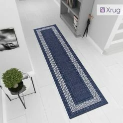 Xrugs Modern Navy Blue Runner Rug Non Slip Greek Key Border Style Kitchen Hallway Long Runner Durable Carpet Mat