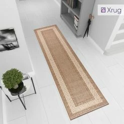 Xrugs Brown Runner Rug Non Slip Greek Key Border Style Kitchen Hallway Long Runner Durable Carpet Mat