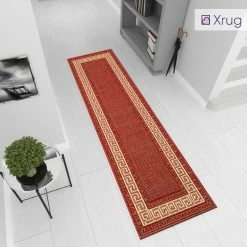 Xrugs Modern Red Runner Rug Non Slip Greek Key Border Style Kitchen Hallway Long Runner Durable Carpet Mat