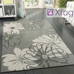 Xrugs Modern Floral Rug Grey Ivory Black Patterned Carpet Woven Living Room Floor Mats
