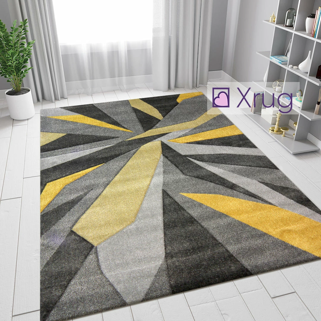 Xrugs Grey Ochre Rug Geometric Hand Carved Pattern Carpet Abstract Bedroom Floor Mat