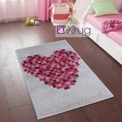Xrugs Kids Rug Girls Red Pink Grey Carpet Heart Print Kids Room Rug Nursery Mat 80x120