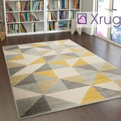 Xrug Modern Geometric Rug Yellow And Grey Cream Pattern Runner Carpet Floor Mat Small Large XL