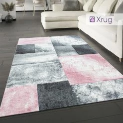 Xrugs Blush Pink Grey Rug Faded Geometric Pattern Large Small Living Room Bedroom Carpet Mat