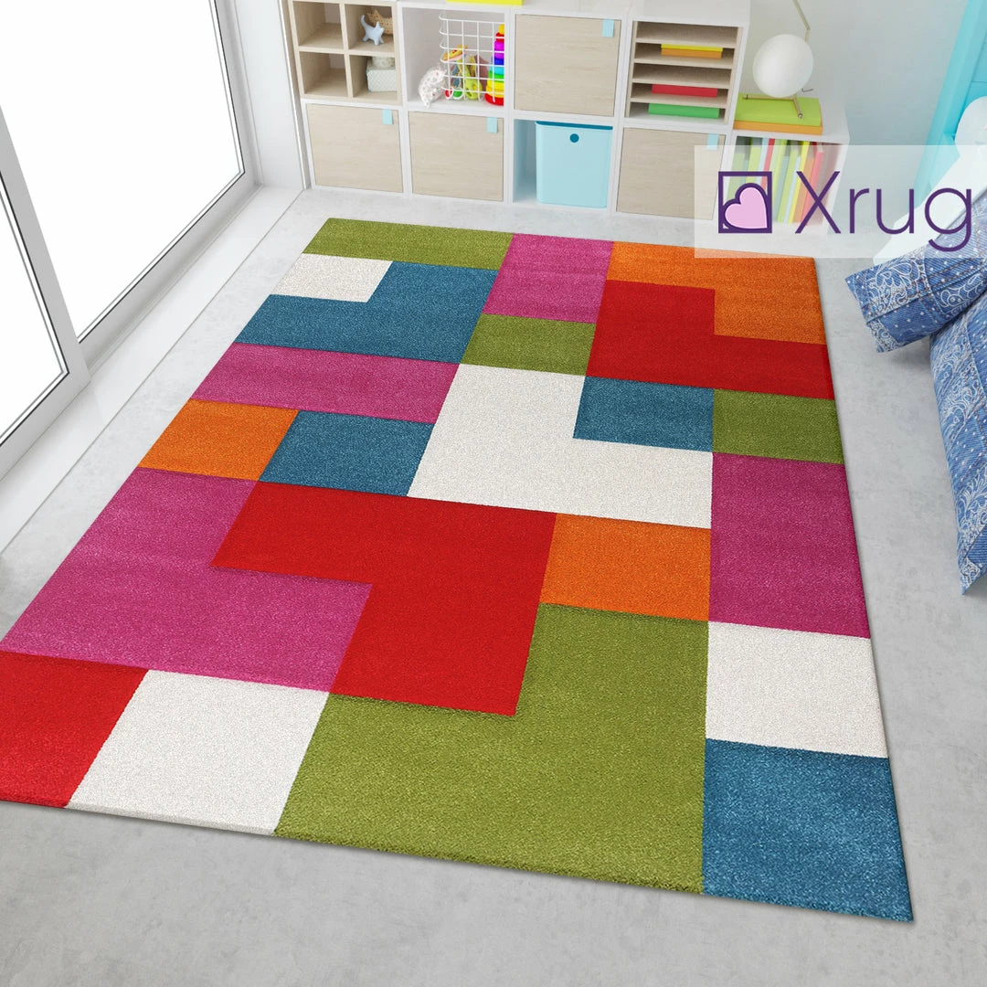 Xrugs Kids Playroom Rug Multi Colour Hand Carved Pattern Mat Childrens Bedroom Carpet
