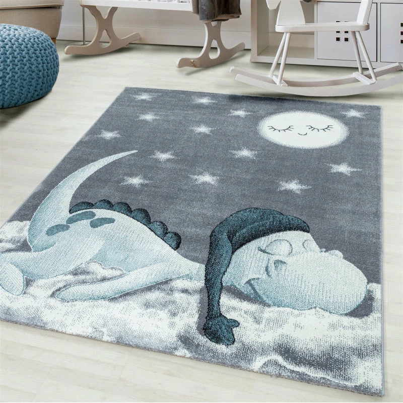Xrugs Kids Rug Grey Blue Sleeping Dragon Childrens Bedroom Mat Baby Floor Round Carpet