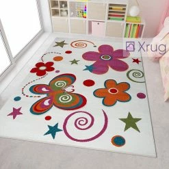 Xrugs Kids Rug White Cream Contour Cut Pattern Multi Colour Mats Baby Nursery Carpet
