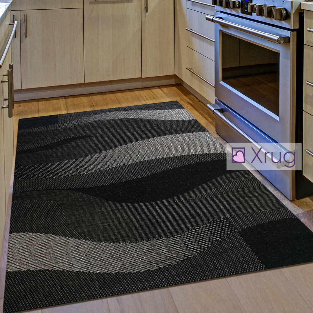 Xrugs Kitchen Rug Black Grey Silver Wave Pattern Hard Wearing Flat Weave Carpet Floor Mat