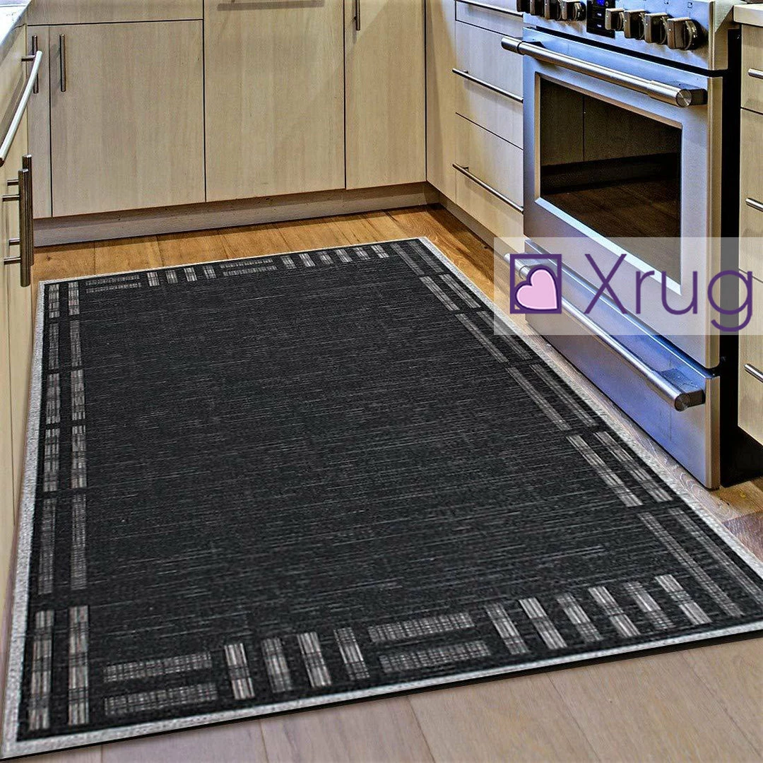 Xrugs Kitchen Rug Black Grey Silver Border Pattern Hard Wearing Flat Weave Carpet Indoor Floor Mat