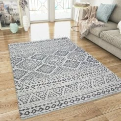Xrugs Cotton Rug Cream Aztec Grey Pattern With Tassels Washable Large & Small Flatweave Natural Living Room Bedroom Carpet Mat