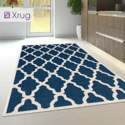 Xrugs Heavy Duty Kitchen Rug Navy Blue Moroccan Trellis Sisal Look Small Large Carpet Mat Runner