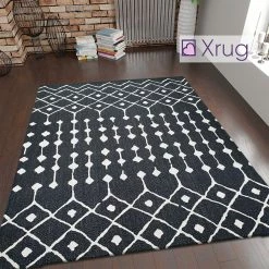 Xrugs Cotton Rugs Modern Black Rug 100% Cotton Washable Large Small Living Room Carpet Diamond White Cream Pattern Flat Woven Mat