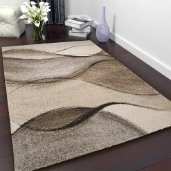 Xrugs Modern Abstract Rug Beige Grey Wave Deisgn Thick Pile Woven Short Pile Carpet Mat For Living Room Or Bedroom