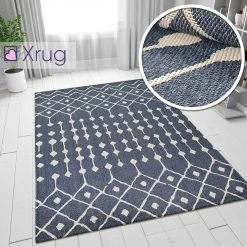 Xrugs Blue Cotton Rug 100% Cotton Rugs Navy Cream Berber Diamond Pattern Washable Flat Weave Mat Carpet Small Extra Large Runner