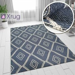 Xrugs Cotton Rug Navy Blue Diamond Pattern Washable Modern Woven Mat Carpet Small Extra Large