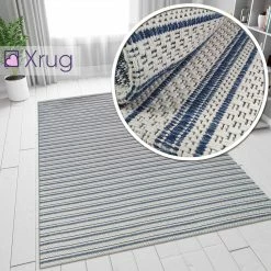 Xrugs Cream Blue Rug 100% Cotton Rugs Navy Striped Pattern Flat Weave Washable Carpet Mat Small Extra Large Runner