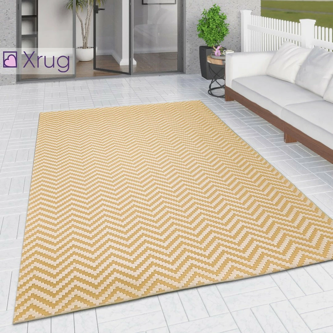 Xrug Outdoor Rug Yellow Cream Zig Zag Chevron For Decking Garden Patios Gazebo Large XL Small Woven Soft Geometric Mat Outdoor Rugs