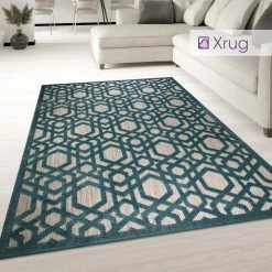 Xrugs Modern Teal Rug Blue Beige Carpet Large Small Runner Round Flat Weave Trellis Room Mat