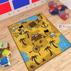 Xrug Kids Rug Boys NON SLIP MACHINE WASHABLE Pirate Tresure Nursery Mat For Bedroom Playroom 130x100cm