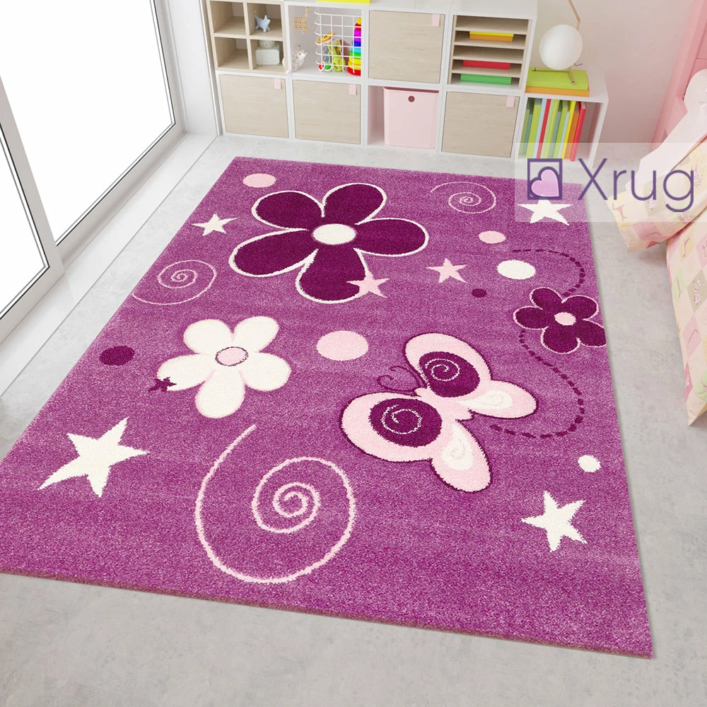 Xrugs Purple Floral Rug Butterfly Kids Hand Carved Pattern Carpet Children Bedroom Mat