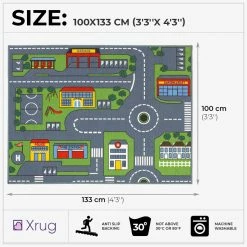 Xrug Kids Rug Boys Vehicle NON SLIP MACHINE WASHABLE Road Car City Nursery Mat For Bedroom Playroom Play Mat 100x133cm