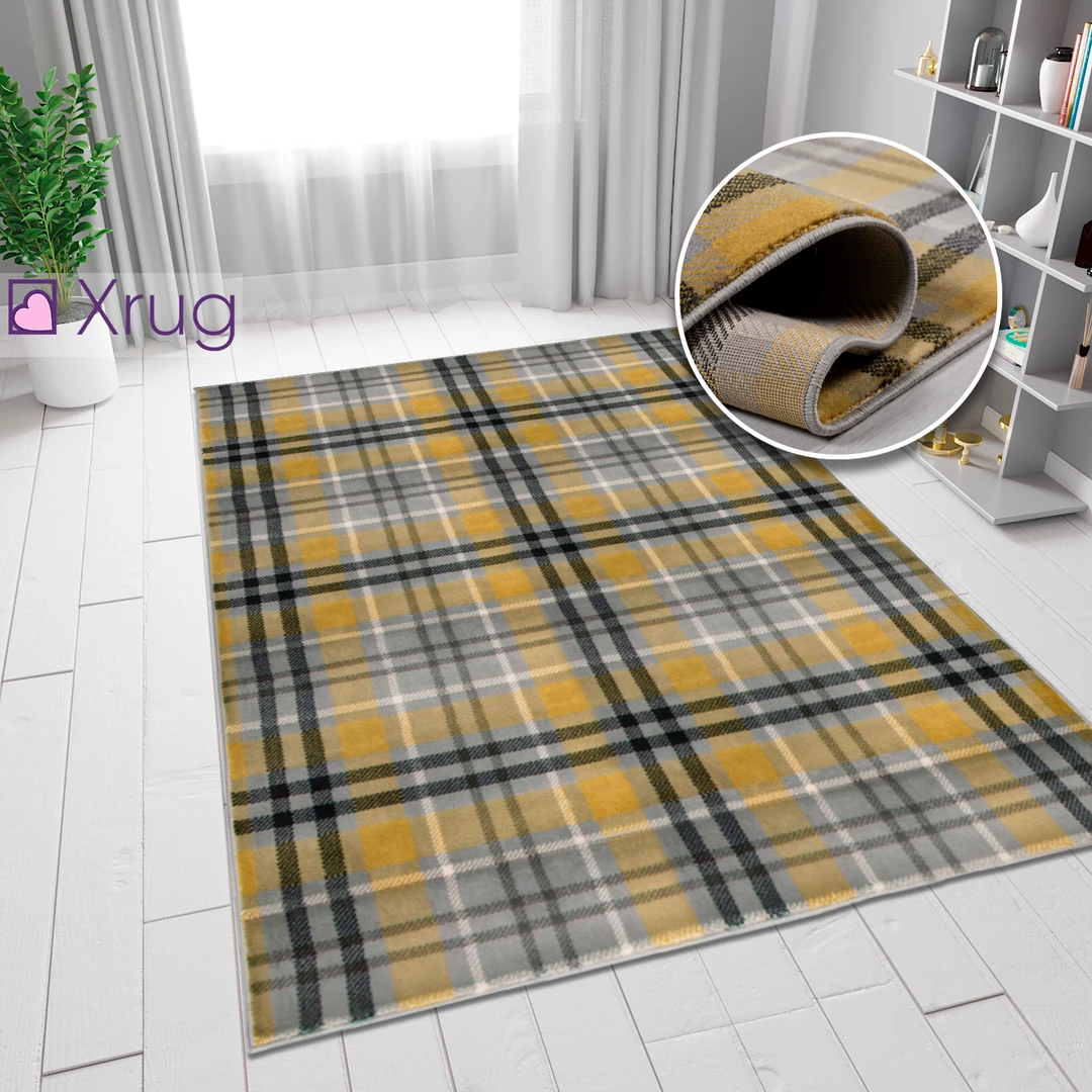 Xrugs Modern Tartan Rug Yellow Grey Ochre Check Carpet Small Extra Large XL Runner Carpet Mat