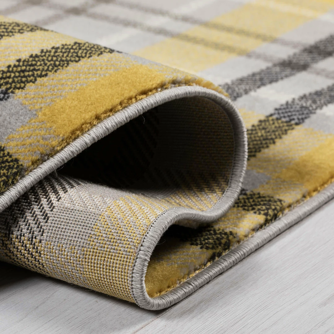 Xrugs Modern Tartan Rug Yellow Grey Ochre Check Carpet Small Extra Large XL Runner Carpet Mat