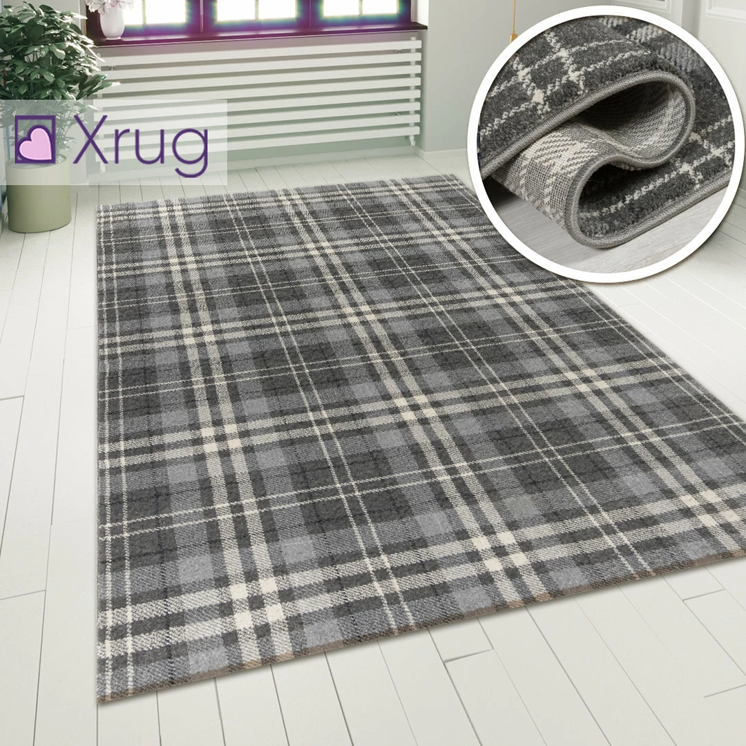 Xrugs Tartan Rugs Silver Grey Modern Check Design Mat Living Room Hall Runner Carpet