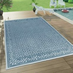 Xrug Outdoor Rug Teal Blue Large XL Small For Garden Patios Decking Gazebo Monochrome Soft Woven Greek Key Geometric Mat