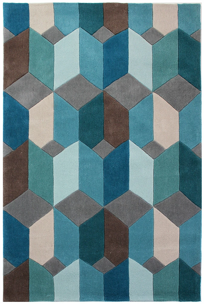 Xrugs Teal Blue Brown Grey Rug Geometric Hand Carved Pattern Carpet Modern Bedroom Mat