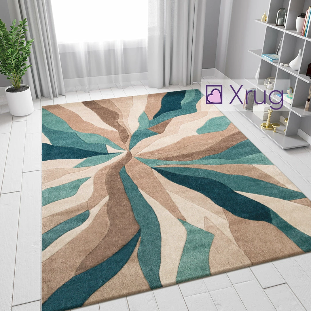 Xrugs Teal Rugs Beige Hand Carved Pattern Abstract Carpet Bedroom Mat Small Large XL Modern