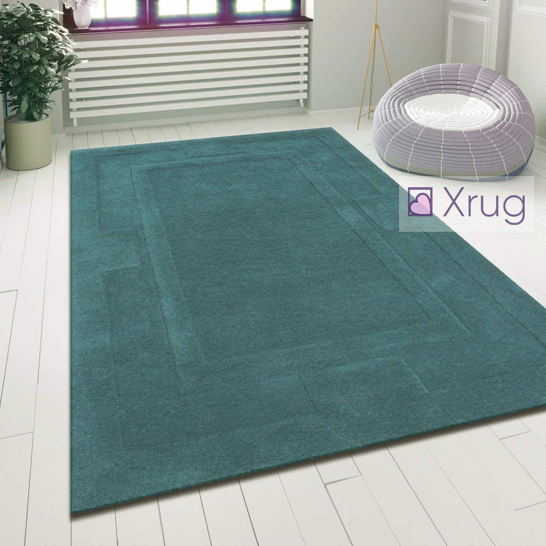 Xrugs Teal Wool Rug Modern Contour Cut Border Pattern Mat Small X Large Bedroom Carpet