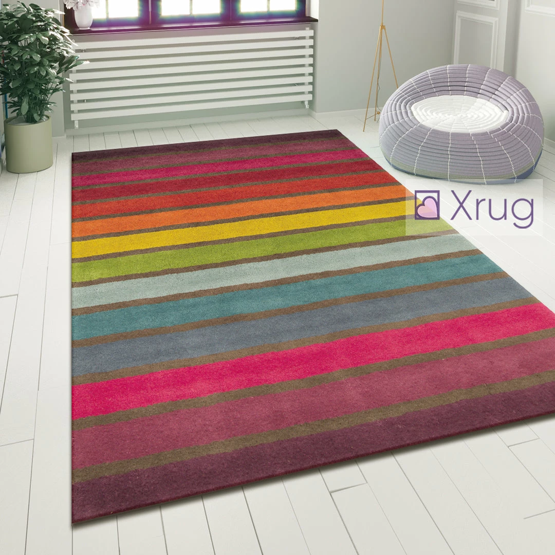 Xrugs Wool Rugs Multi Colour Striped Pattern Carpet Small X Large Bedroom Runner Mat