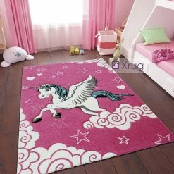 Xrugs Kids Pink Rug Unicorn Girls Nursery Carpet Childrens Mat Woven Play Room Mat For Baby Girls Bedroom