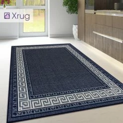 Xrugs Navy Rug Carpet Non Slip Blue Greek Key Border Style Kitchen Mat Small Large Runner Modern