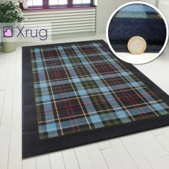 Xrugs Blue Tartan Rug 120x170 4'x5'6 Modern Checkered Carpet Short Pile Rugs Floor Mat