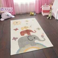 Xrugs Elephant Nursery Rug Cream Kids Bedroom Carpet Childrens Animal Baby Playroom Mat 80x120 Cm