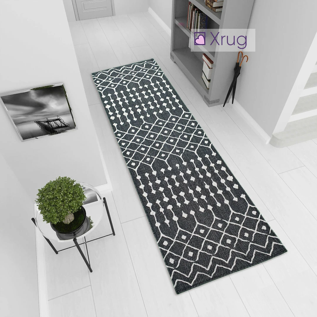 Xrugs Cotton Rugs Modern Black Rug 100% Cotton Washable Large Small Living Room Carpet Diamond White Cream Pattern Flat Woven Mat