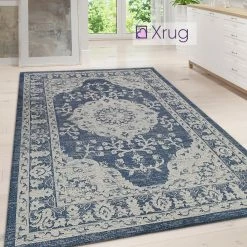 Xrugs Cotton Rug Machine Washable Navy Blue Grey Oriental Pattern Flat Weave Carpet Runner Large Small