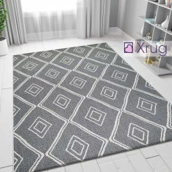 Xrugs Grey Rug Diamond Pattern 100% Cotton Small Extra Large Runner Washable Flatweave Carpet Living Room Bedroom Woven Mat