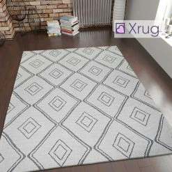 Xrugs Cream Grey Rug Diamond Pattern 100% Cotton Washable Flat Weave Carpet Woven Living Room Bedroom Mat