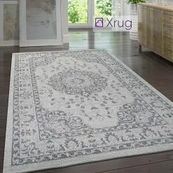 Xrugs Grey Oriental Rug 100% Cotton Small Extra Large Flatweave Washable Carpet Living Room Bedroom Mat